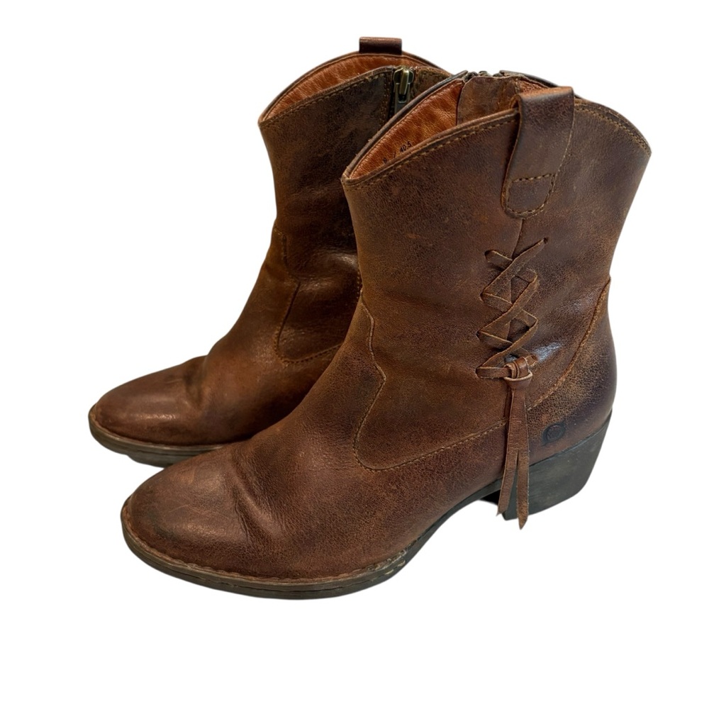 Born Karin Brown Distressed Leather Side Lace Western Ankle Boots, Sz 9 - Picture 2 of 16